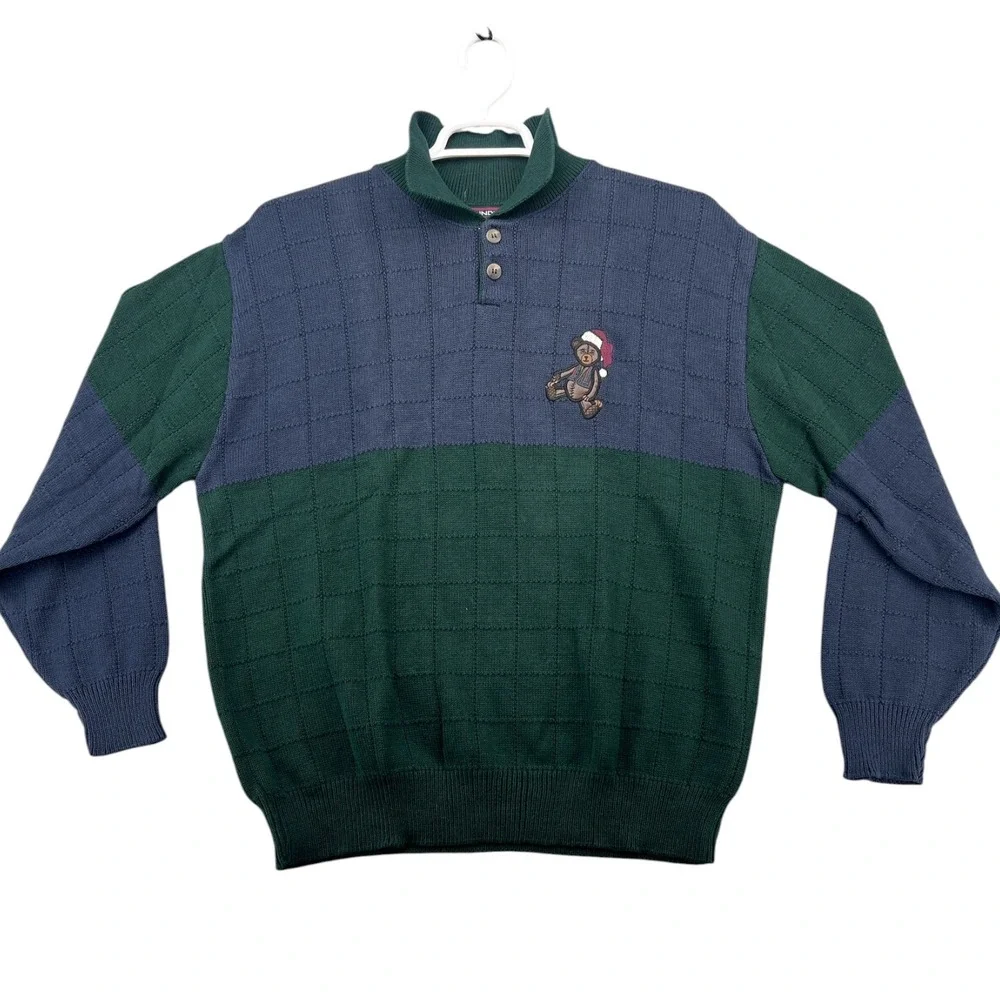 Roundtree & Yorke Mens Large Cotton Sweater Christmas Santa Bear Spruce Navy NEW